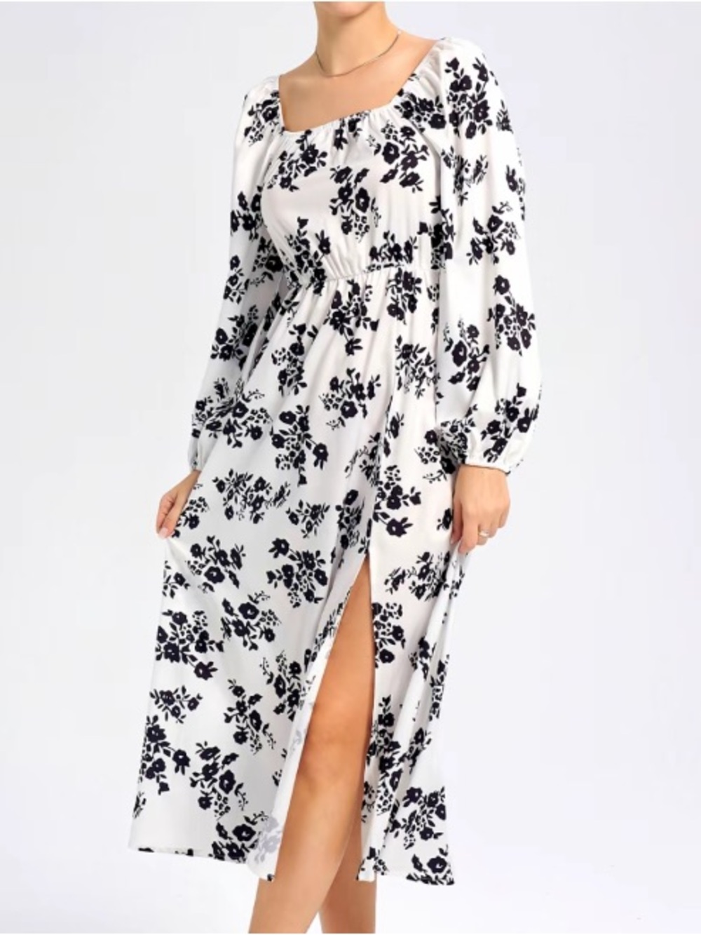 White & Black Floral Long Sleeve Midi Dress